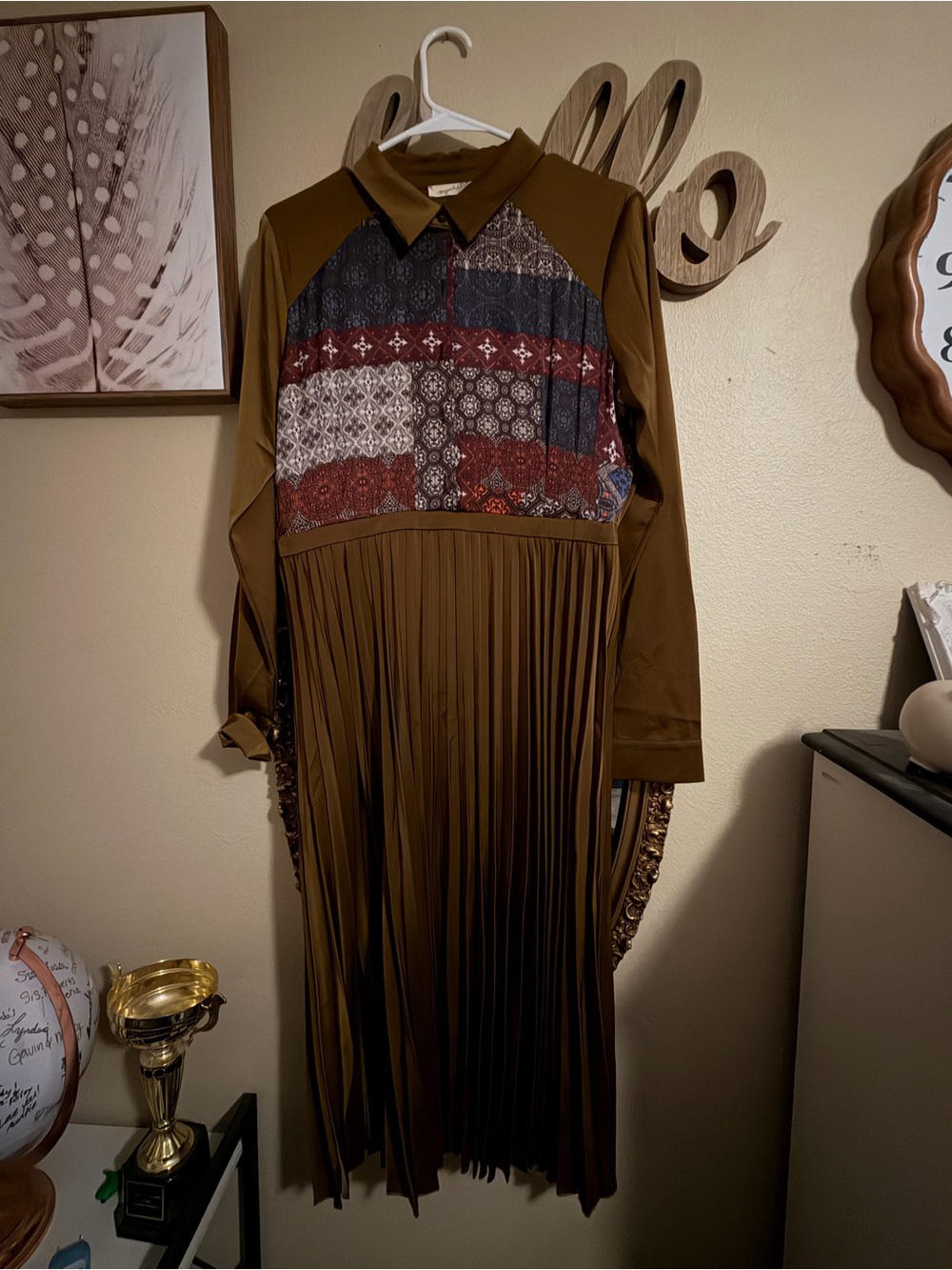 Mystree Olive-Brown Patchwork Pleated Long-Sleeve Midi Dress
